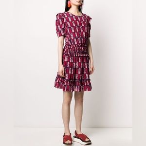 KENZO Printed Silk Blouson Dress, Navy, size 42